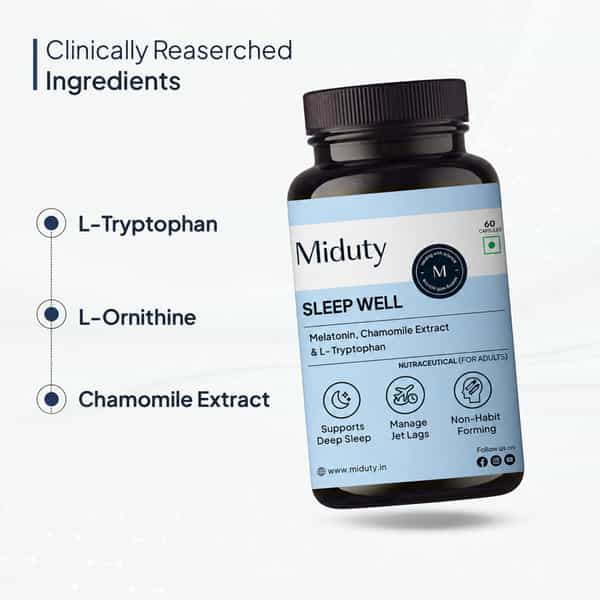 Miduty Sleep Well - Melatonin - Valerian Root - Deep Sleep Support - Stress Relief - 60 Capsules