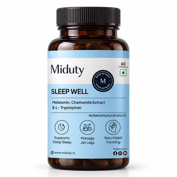Miduty Sleep Well - Melatonin - Valerian Root - Deep Sleep Support - Stress Relief - 60 Capsules
