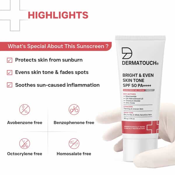 Dermatouch Bright & Even Skintone Spf50 Pa++++ Sunscreen | Dry To Oily & Mildly Sensitive Skin | 50G