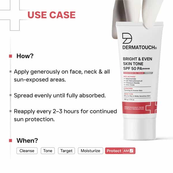 Dermatouch Bright & Even Skintone Spf50 Pa++++ Sunscreen | Dry To Oily & Mildly Sensitive Skin | 50G