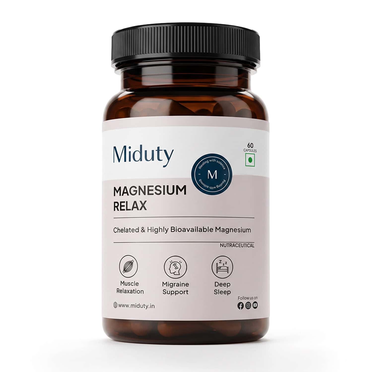 Miduty Magnesium Glycinate 1500mg With B6 | Sleep | Stress & Muscle Recovery | 60 Capsules