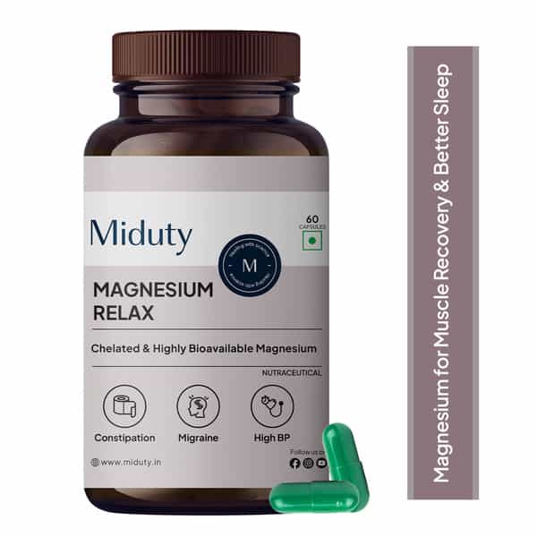 Miduty Magnesium Relax Chelated -Migraine-High Bp-Constipation-Magnesium Bisglycinate-60 Capsules