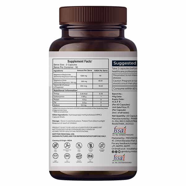 Miduty Magnesium Relax Chelated -Migraine-High Bp-Constipation-Magnesium Bisglycinate-60 Capsules