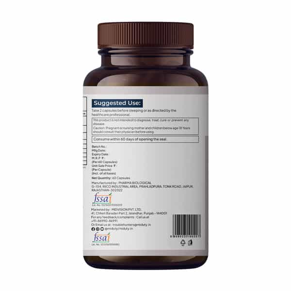 Miduty Magnesium Relax Chelated -Migraine-High Bp-Constipation-Magnesium Bisglycinate-60 Capsules
