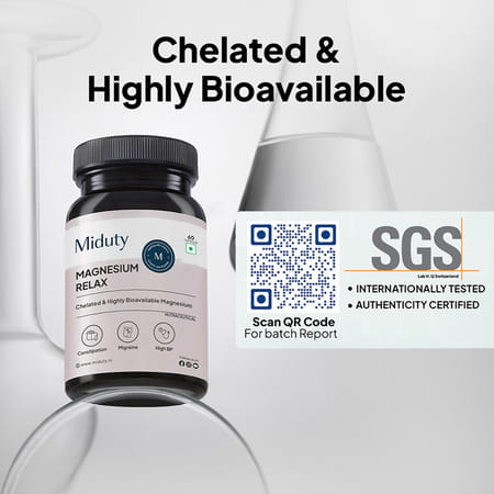 Miduty Magnesium Relax Chelated -Migraine-High Bp-Constipation-Magnesium Bisglycinate-60 Capsules