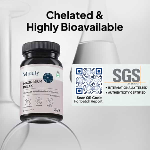 Miduty Magnesium Relax Chelated -Migraine-High Bp-Constipation-Magnesium Bisglycinate-60 Capsules