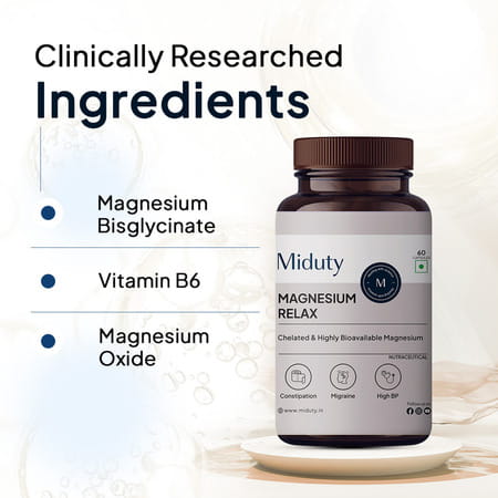 Miduty Magnesium Relax Chelated -Migraine-High Bp-Constipation-Magnesium Bisglycinate-60 Capsules