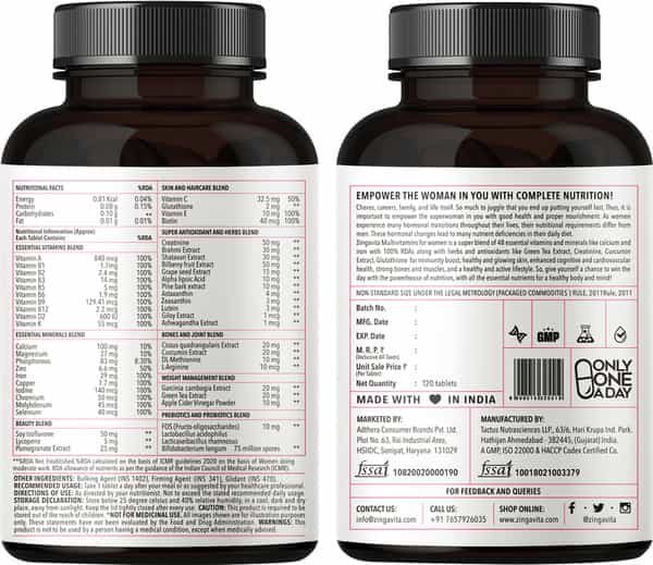 Zingavita Multivitamin Tablets For Women 120 Count With Vitamins Calcium & Iron