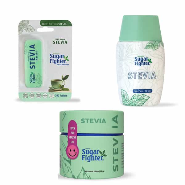 Sugar Fighter Stevia Powder Jar,Tablets And Liquid Combo - (100 Gm(Jar) + 200 Tablets+ 30Ml(Liquid)