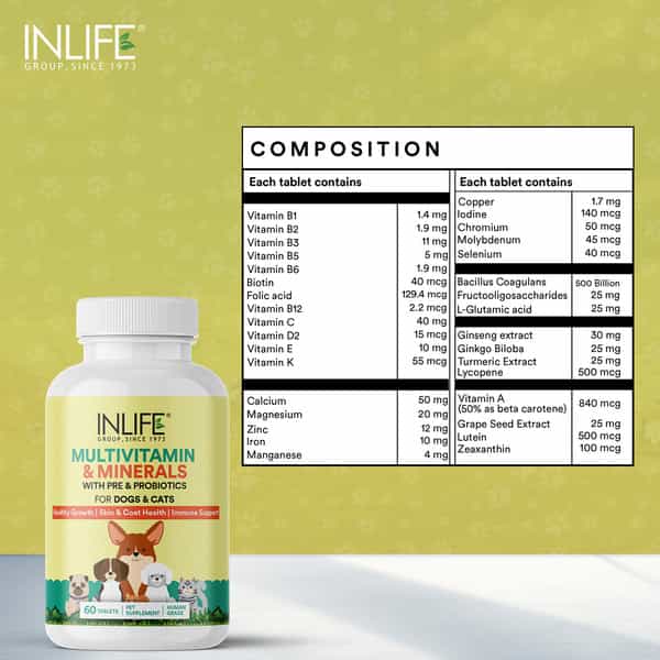 Inlife Multivitamin For Dog | Ginseng, Prebiotic, Probiotic Multivitamins, Zinc & Biotin, 60 Tablets