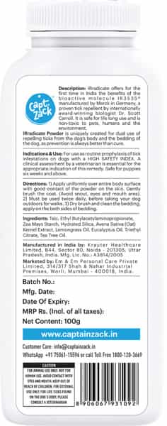 Captain Zack Vet Care - Irradicate Tick Repellent Powder For Dogs & Dog Bed 75 Gm