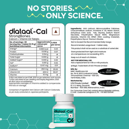 Diataal Cal | Calcium For Men & Women | Clinically Tested | 400 Iu Vit. D3 | 30 Tablets