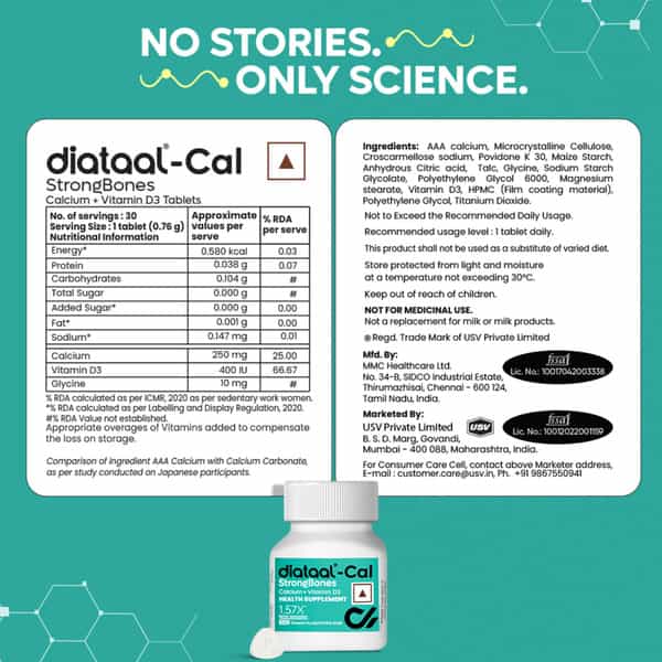 Diataal Cal | Calcium For Men & Women | Clinically Tested | 400 Iu Vit. D3 | 30 Tablets