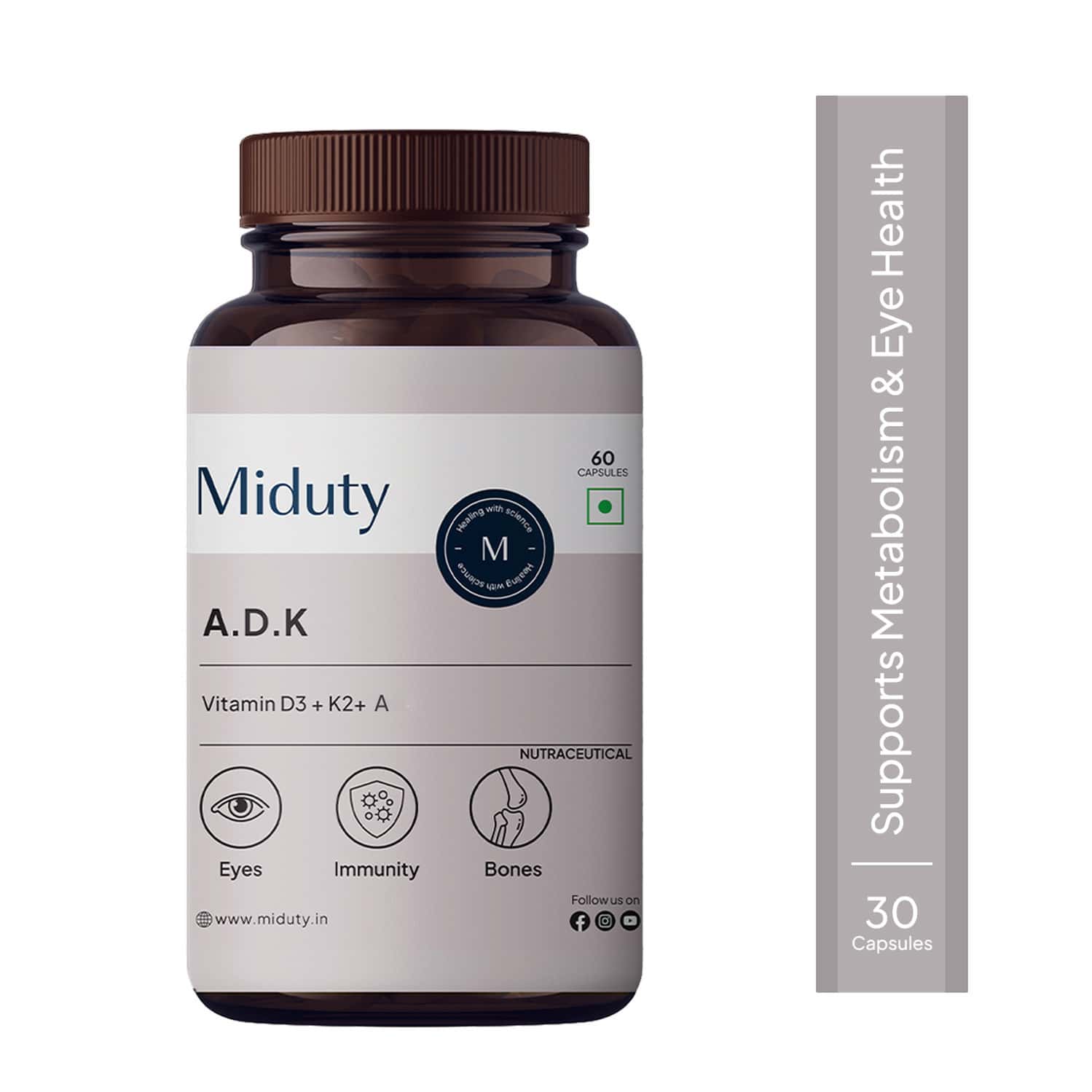 Miduty Vitamin Adk - A D3 K2 - Eyes | Immunity | Weak Bones | Arthritis - Fat Soluble - 60 Capsules