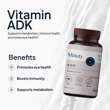 Miduty Vitamin Adk - A D3 K2 - Eyes | Immunity | Weak Bones | Arthritis - Fat Soluble - 60 Capsules