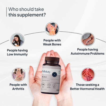 Miduty Vitamin Adk - A D3 K2 - Eyes | Immunity | Weak Bones | Arthritis - Fat Soluble - 60 Capsules