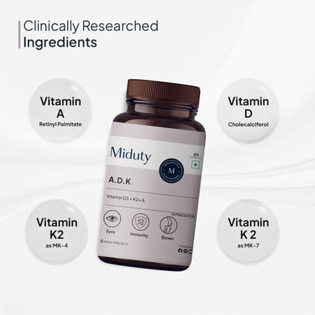 Miduty Vitamin Adk - A D3 K2 - Eyes | Immunity | Weak Bones | Arthritis - Fat Soluble - 60 Capsules