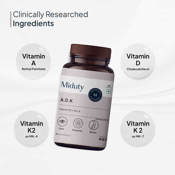 Miduty Vitamin Adk - A D3 K2 - Eyes | Immunity | Weak Bones | Arthritis - Fat Soluble - 60 Capsules