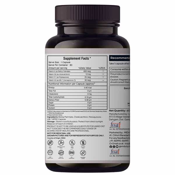 Miduty Vitamin Adk - A D3 K2 - Eyes | Immunity | Weak Bones | Arthritis - Fat Soluble - 60 Capsules