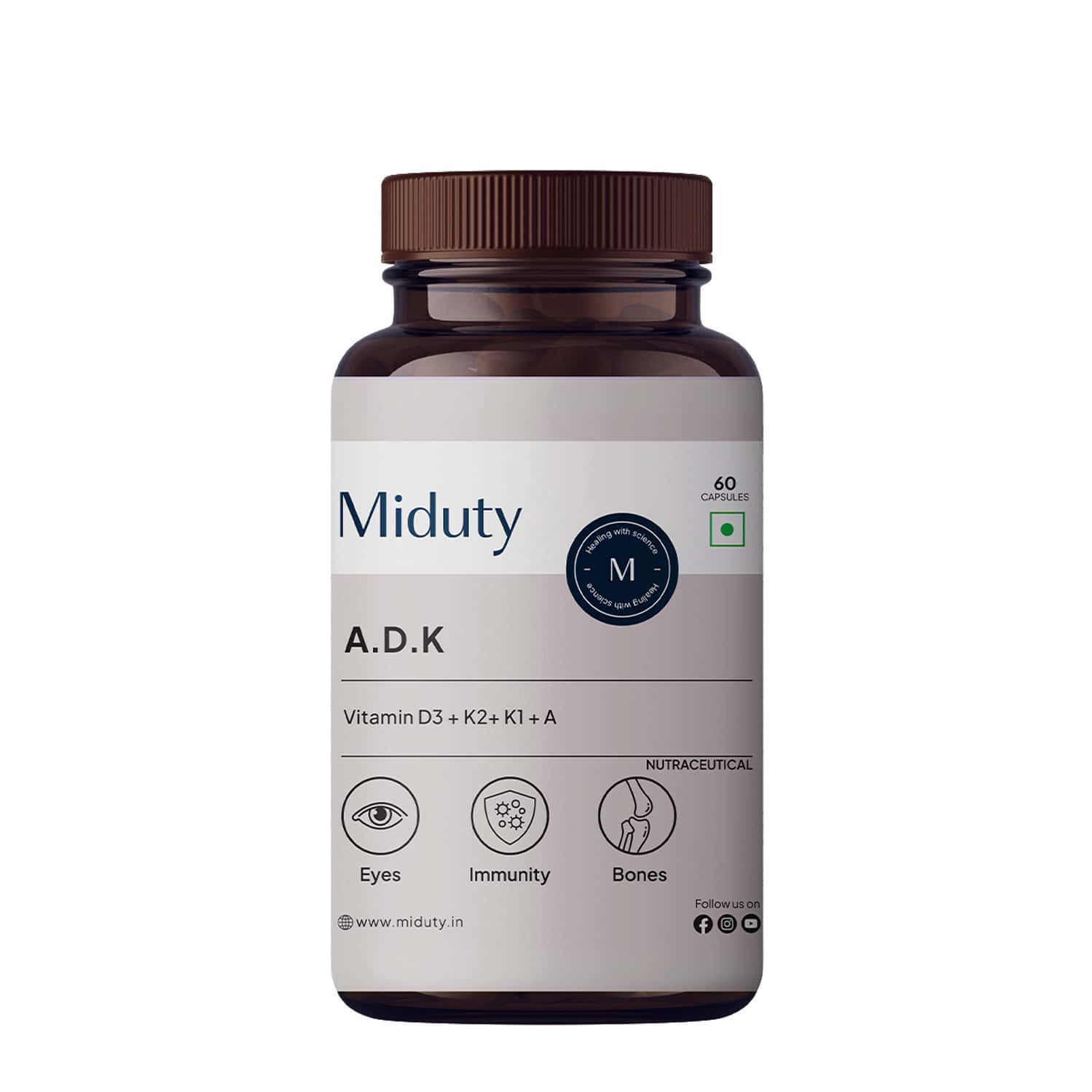 Miduty Vitamin Adk - A D3 K2 - Eyes | Immunity | Weak Bones | Arthritis - Fat Soluble - 60 Capsules
