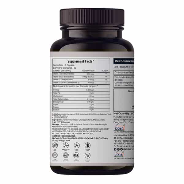 Miduty Vitamin Adk - A D3 K2 - Eyes | Immunity | Weak Bones | Arthritis - Fat Soluble - 60 Capsules