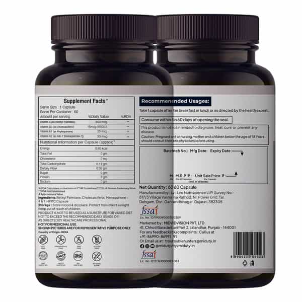 Miduty Vitamin Adk - A D3 K2 - Eyes | Immunity | Weak Bones | Arthritis - Fat Soluble - 60 Capsules