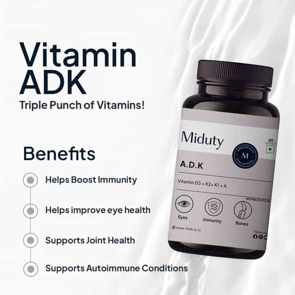 Miduty Vitamin Adk - A D3 K2 - Eyes | Immunity | Weak Bones | Arthritis - Fat Soluble - 60 Capsules