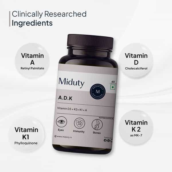 Miduty Vitamin Adk - A D3 K2 - Eyes | Immunity | Weak Bones | Arthritis - Fat Soluble - 60 Capsules