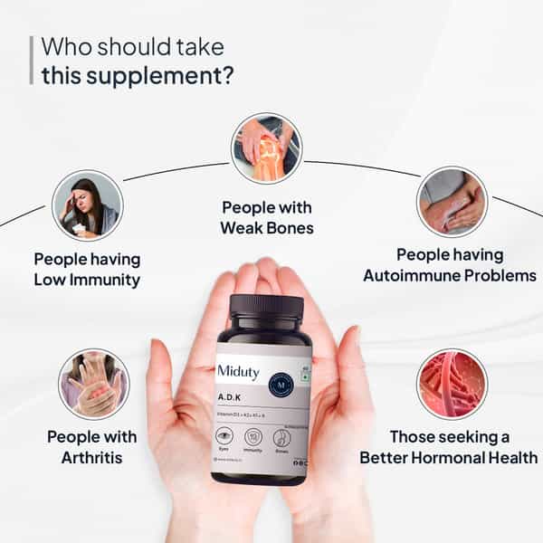 Miduty Vitamin Adk - A D3 K2 - Eyes | Immunity | Weak Bones | Arthritis - Fat Soluble - 60 Capsules