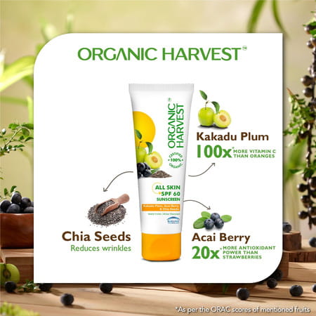 Organic Harvest All Skin Spf 60 Sunscreen With Kakadu Plum | Acai Berry & Chia Seeds|100ml