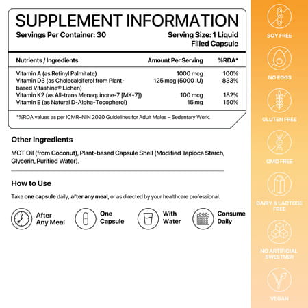 Decode Age Dake Supplement | Multivitamin | Vitamin D3 5000 Iu K2 (Mk7) | A & E | 30 Capsules | Veg