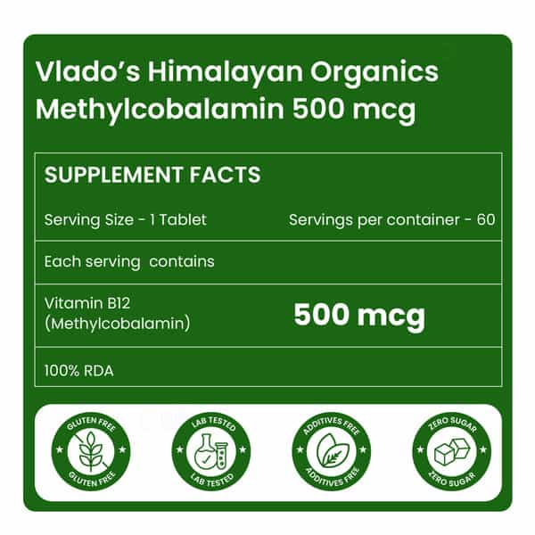 Vlado's Himalayan Organics Vitamin B12 | For Men & Women - 60 Veg Tablets