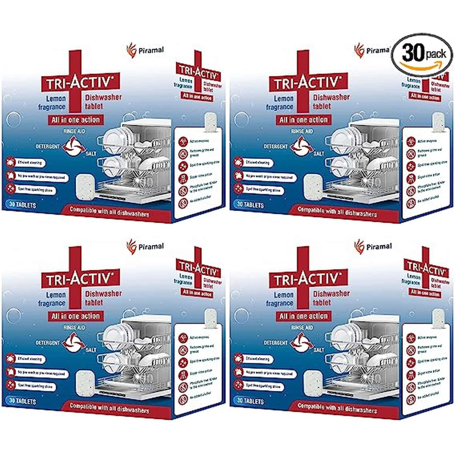 Tri-Activ All-In-One Dishwasher Tablet By Piramal I 30 Units I Lemon Fresh Fragrance (Pack Of 4)