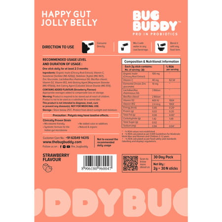 Bug Buddy Happy Gut Jolly Belly | Daily Gut Health Immunity Supplement For Kids | 30 Days Pack