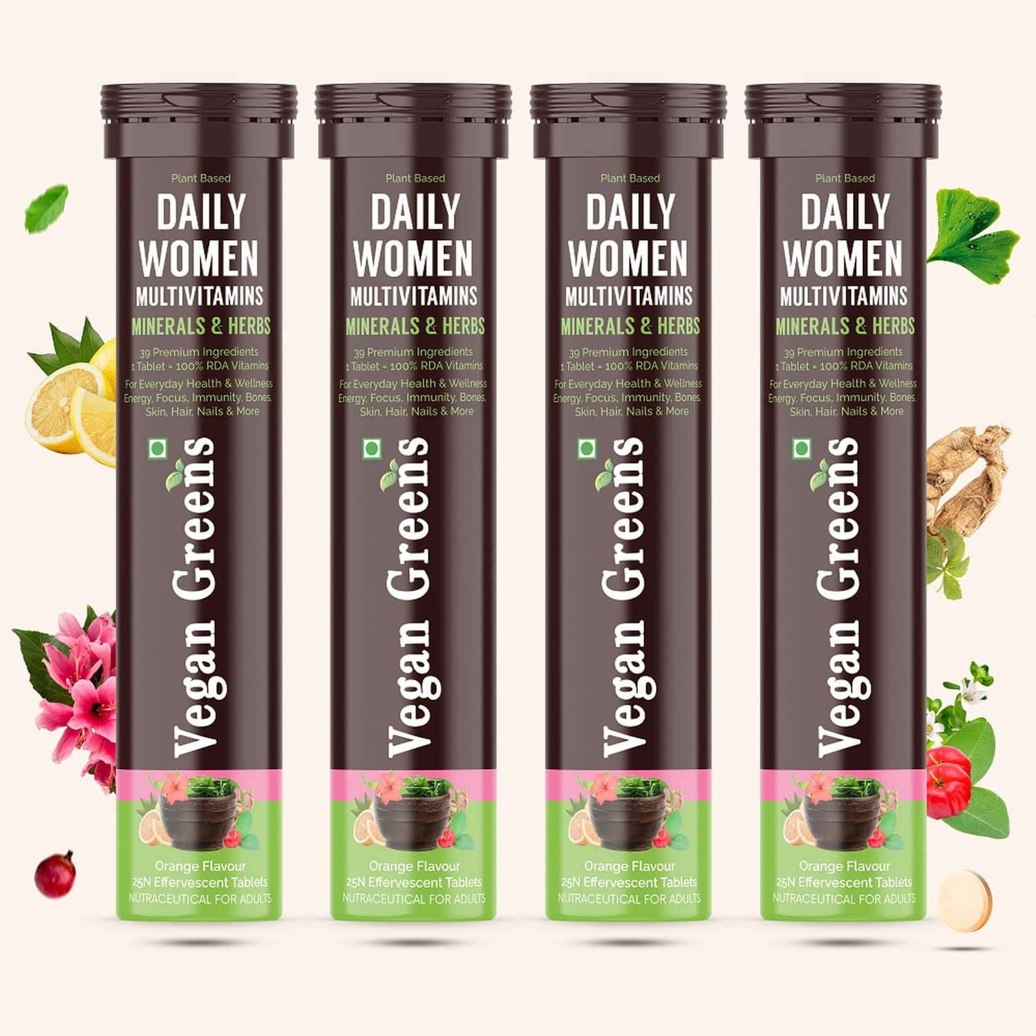 Vegan Greens Daily Women Multivitamins- 39 Vitamins, Minerals & Herbs. 100% Rda. 100 Effer., Orange