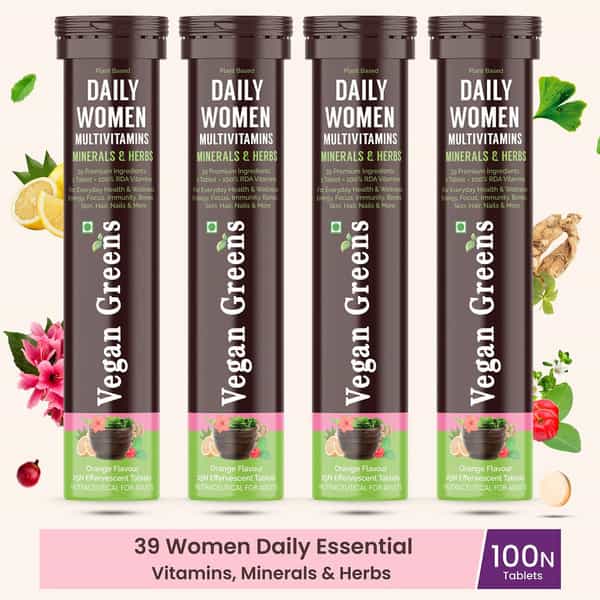 Vegan Greens Daily Women Multivitamins- 39 Vitamins, Minerals & Herbs. 100% Rda. 100 Effer., Orange
