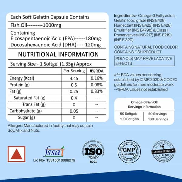 Myfitfuel Omega 3 Fish Oil | 1000Mg (180 Epa 120 Dha) | 50 Softgels