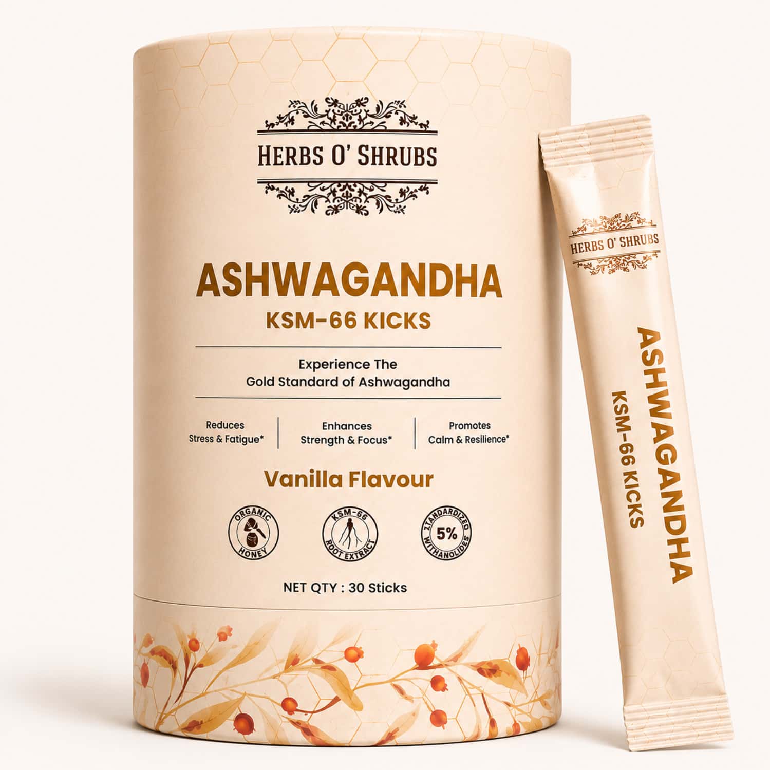 Herbs O' Shrubs Ashwagandha Ksm-66 Kicks | Root Extract With Organic Honey & Vanilla | 30 Sticks