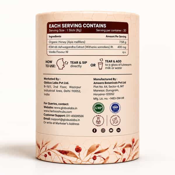 Herbs O' Shrubs Ashwagandha Ksm-66 Kicks | Root Extract With Organic Honey & Vanilla | 30 Sticks