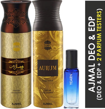 Ajmal Wisal Dhahab & Aurum Deo Each 200ml & Yearn Edp 20ml Pack Of 3 (Total 420ml) For Men & Women