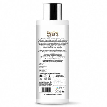 Four Seasons Cold-Pressed Organic Virgin Coconut Oil 200Ml | For Cooking | Hair & Skin Health