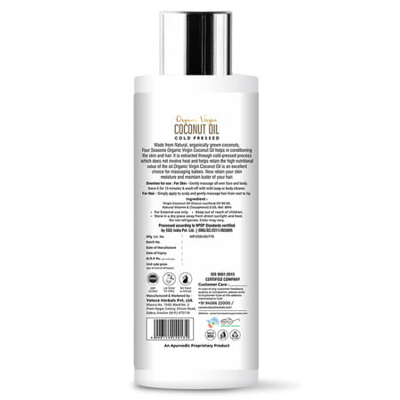 Four Seasons Cold-Pressed Organic Virgin Coconut Oil 200ml | For Cooking | Hair & Skin Health