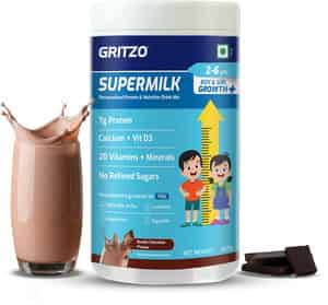 Gritzo Supermilk Growth+ (2-6y Kids) | Double Chocolate | 400g | 7g Protein With 20 Vita & Minerals