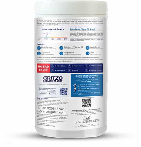 Gritzo Supermilk Growth+ (2-6Y Kids) | Double Chocolate | 400G | 7G Protein With 20 Vita & Minerals