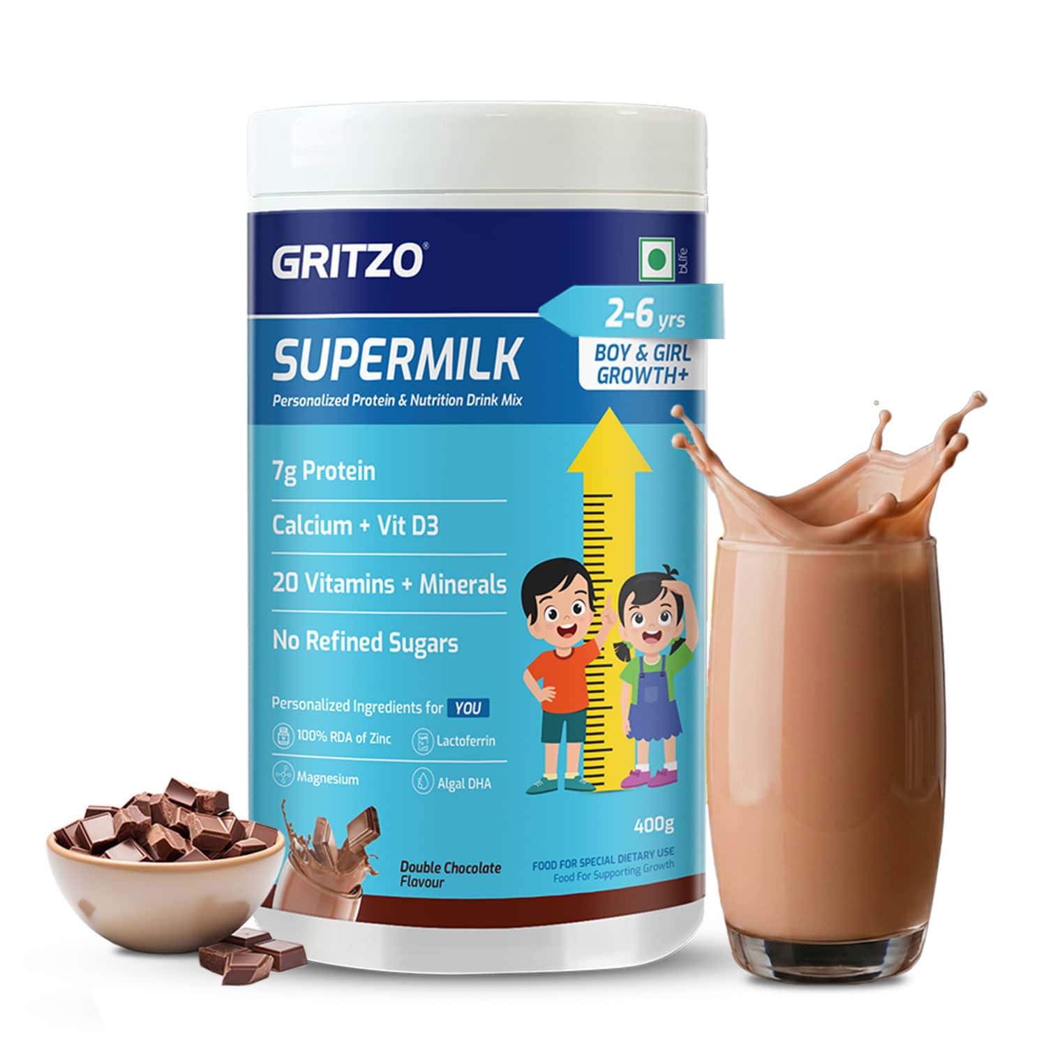 Gritzo Supermilk Growth+ (formerly Height+) (2 - 6y Boy & Girl) | 7g Protein (double Choco | 400g)