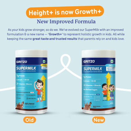 Gritzo Supermilk Growth+ (Formerly Height+) (2 - 6Y Boy & Girl) | 7G Protein (Double Choco | 400G)