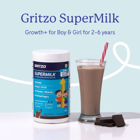 Gritzo Supermilk Growth+ (Formerly Height+) (2 - 6Y Boy & Girl) | 7G Protein (Double Choco | 400G)