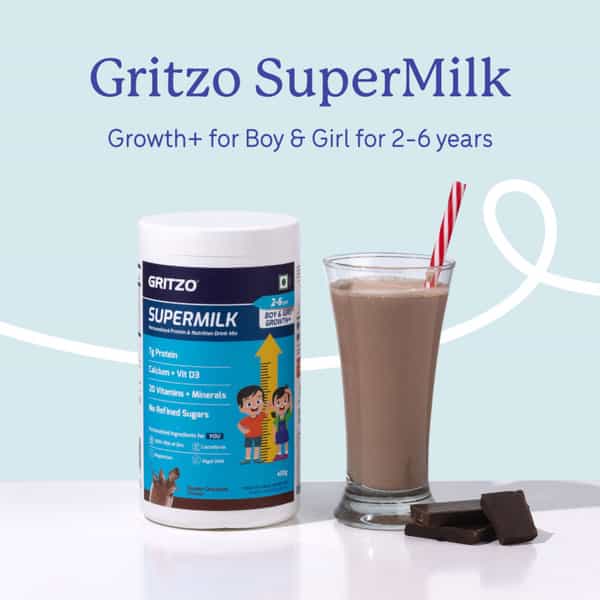 Gritzo Supermilk Growth+ (Formerly Height+) (2 - 6Y Boy & Girl) | 7G Protein (Double Choco | 400G)