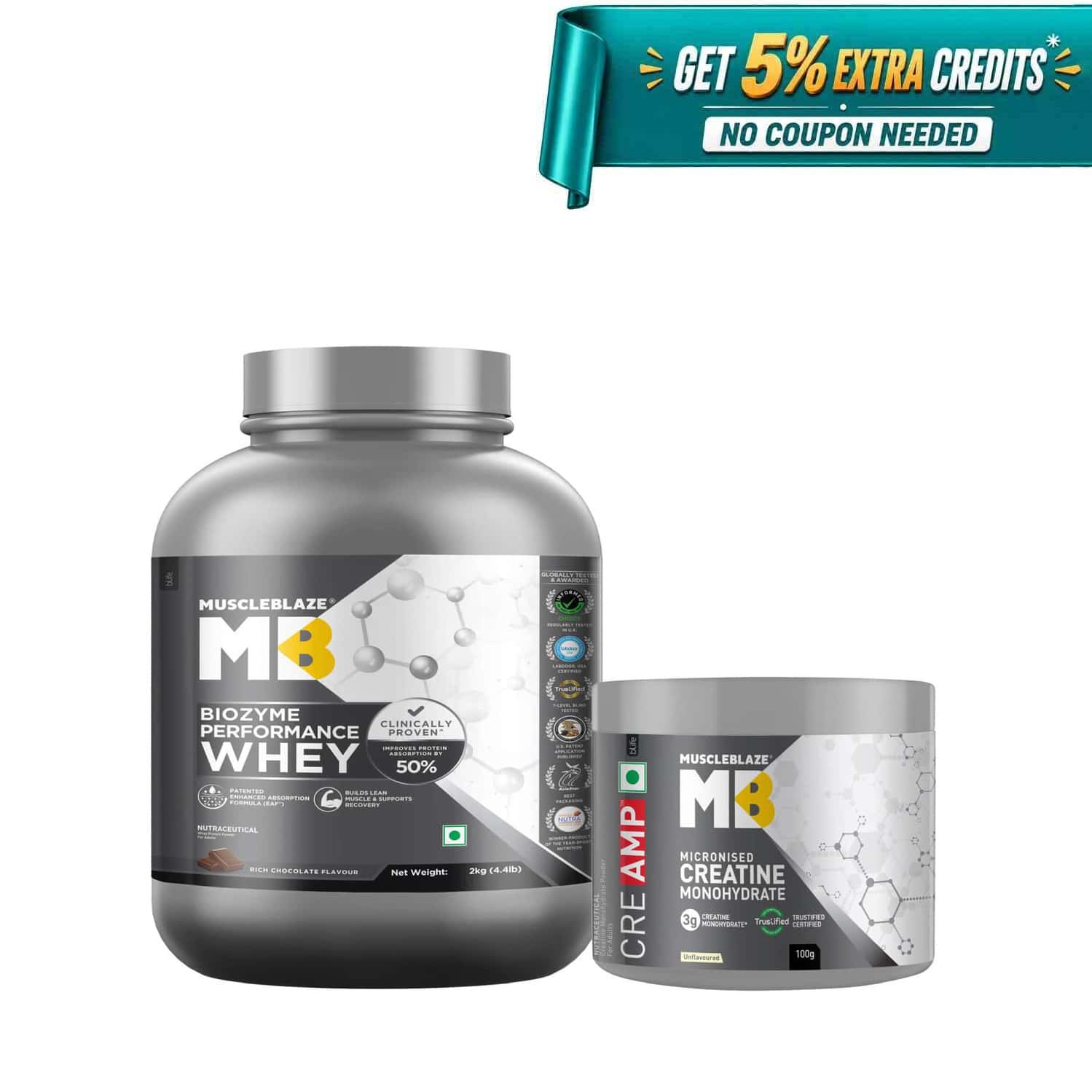 Muscleblaze Biozyme Performance Whey Protein (rich Chocolate | 2kg) & Creatine Monohydrate (100g)