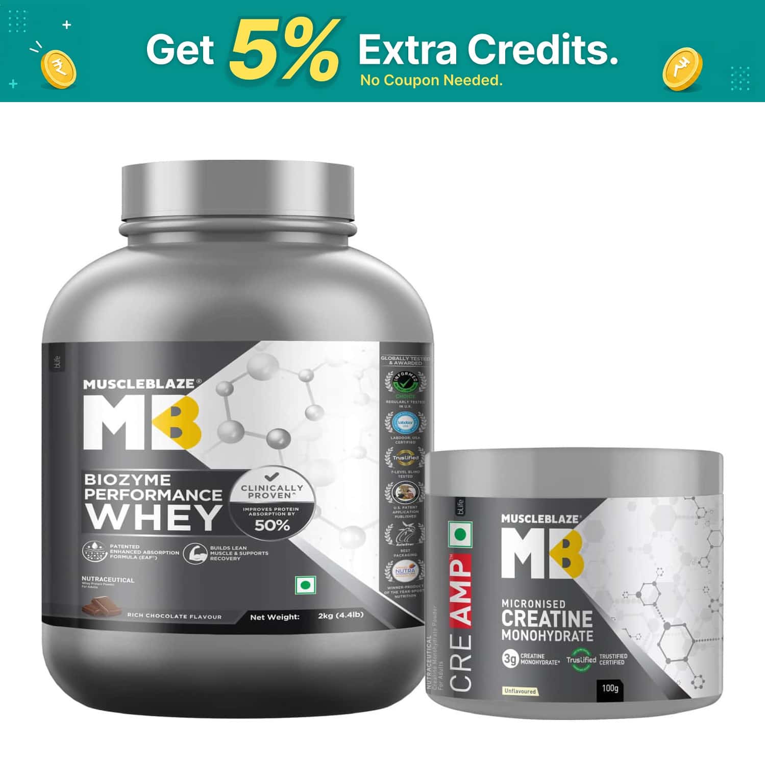 Muscleblaze Biozyme Performance Whey Protein (rich Chocolate | 2kg) & Creatine Monohydrate (100g)